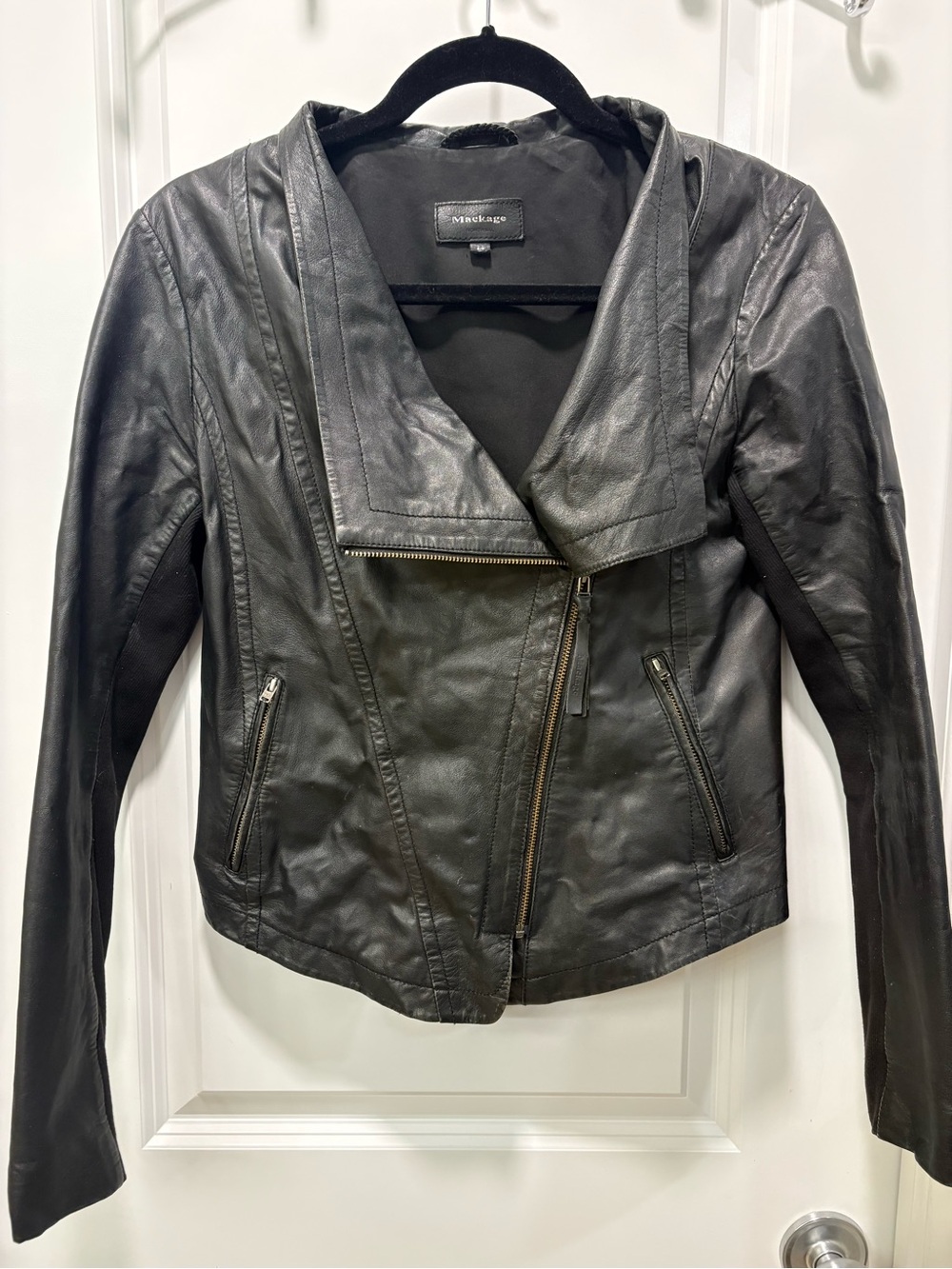 Mackage Black Leather Moto Jacket with Draped Collar